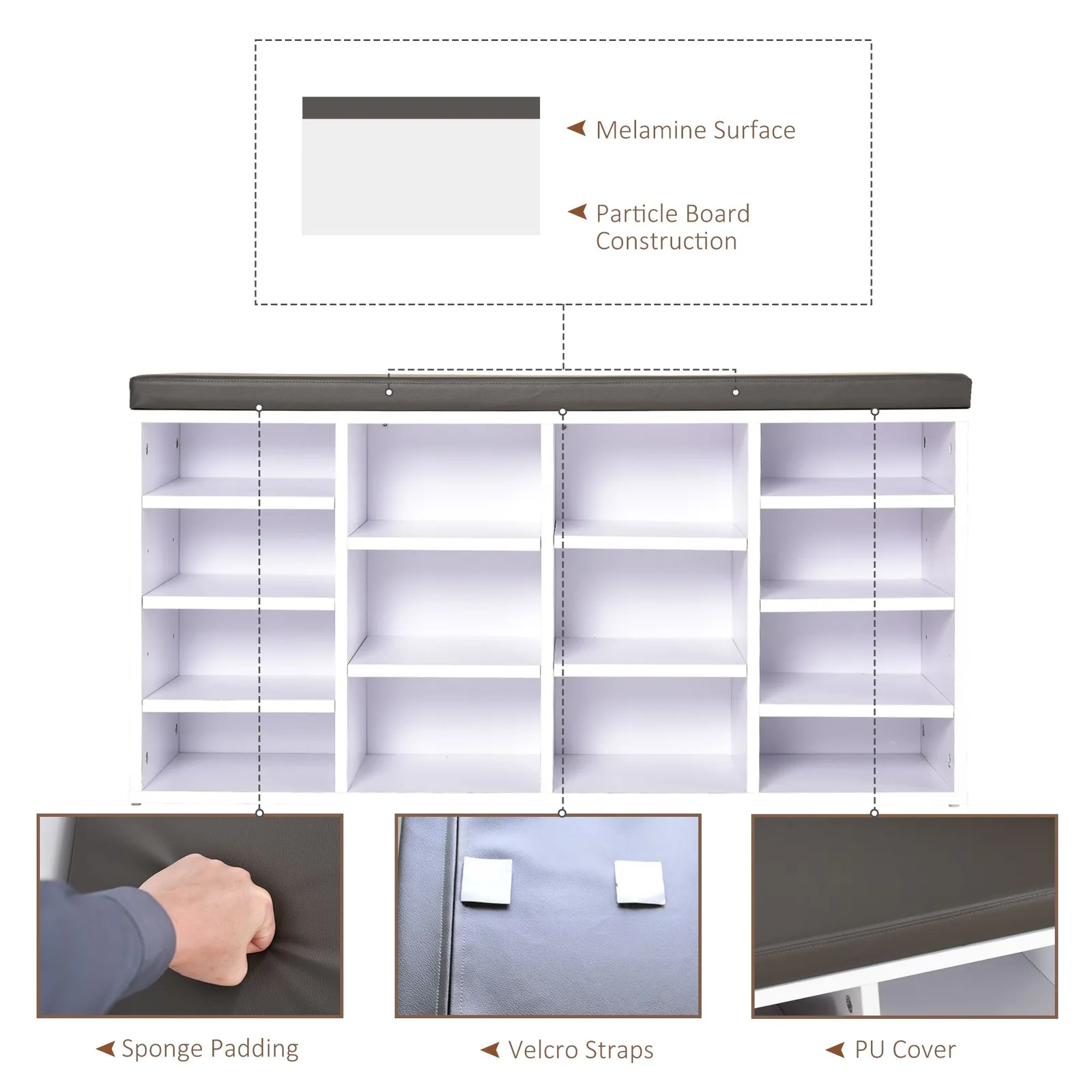 HOMCOM Shoe Rack w/ 14 Compartments Cushion Moving Shelves for Home in White 5