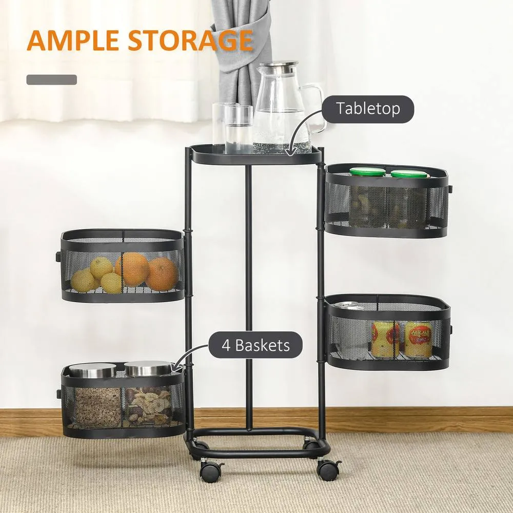 HOMCOM Metal Storage Cart with Top Tray & 4 Mesh Baskets, Black 4