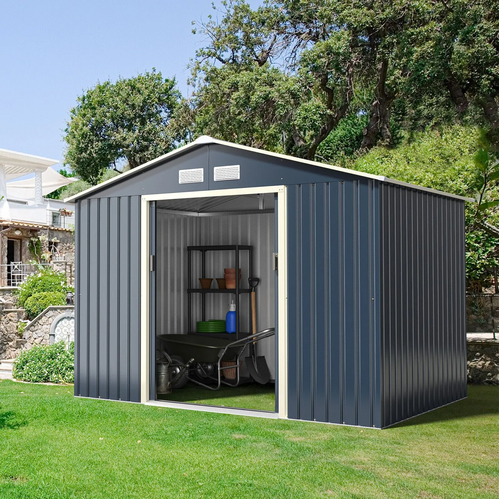 Costway 9.2FT x 6.5FT Outdoor Storage Shed Large Organizer House Double Sliding Door in Grey 6