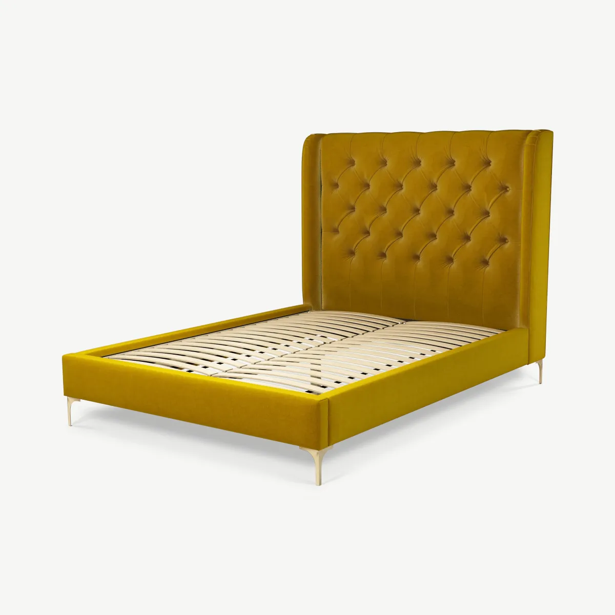 Romare Double Bed, Saffron Yellow Velvet with Brass Legs
