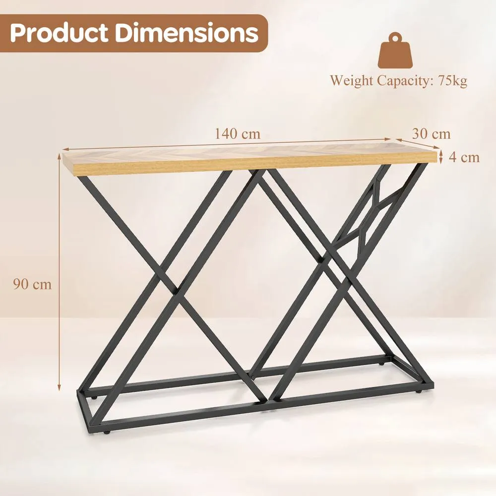 Costway 140CM Console Table Farmhouse Entryway Table with Metal Base Black in Brown 3