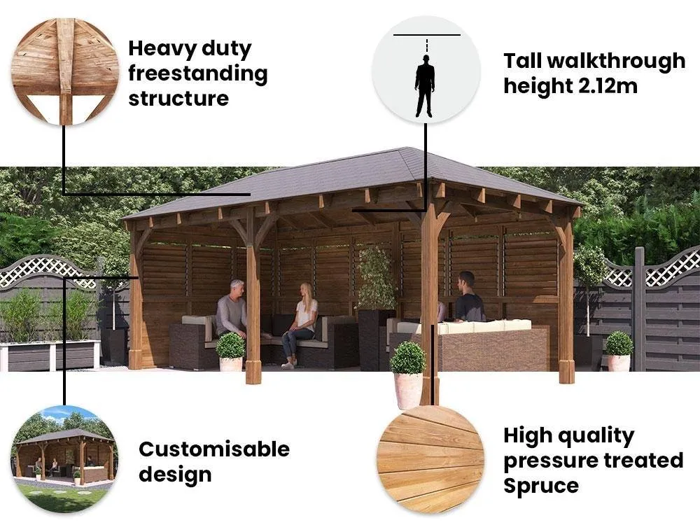 Dunster House Wooden Gazebo Kit with Louvre Wall & Shingles 6m x 3m - Leviathan in Brown 3