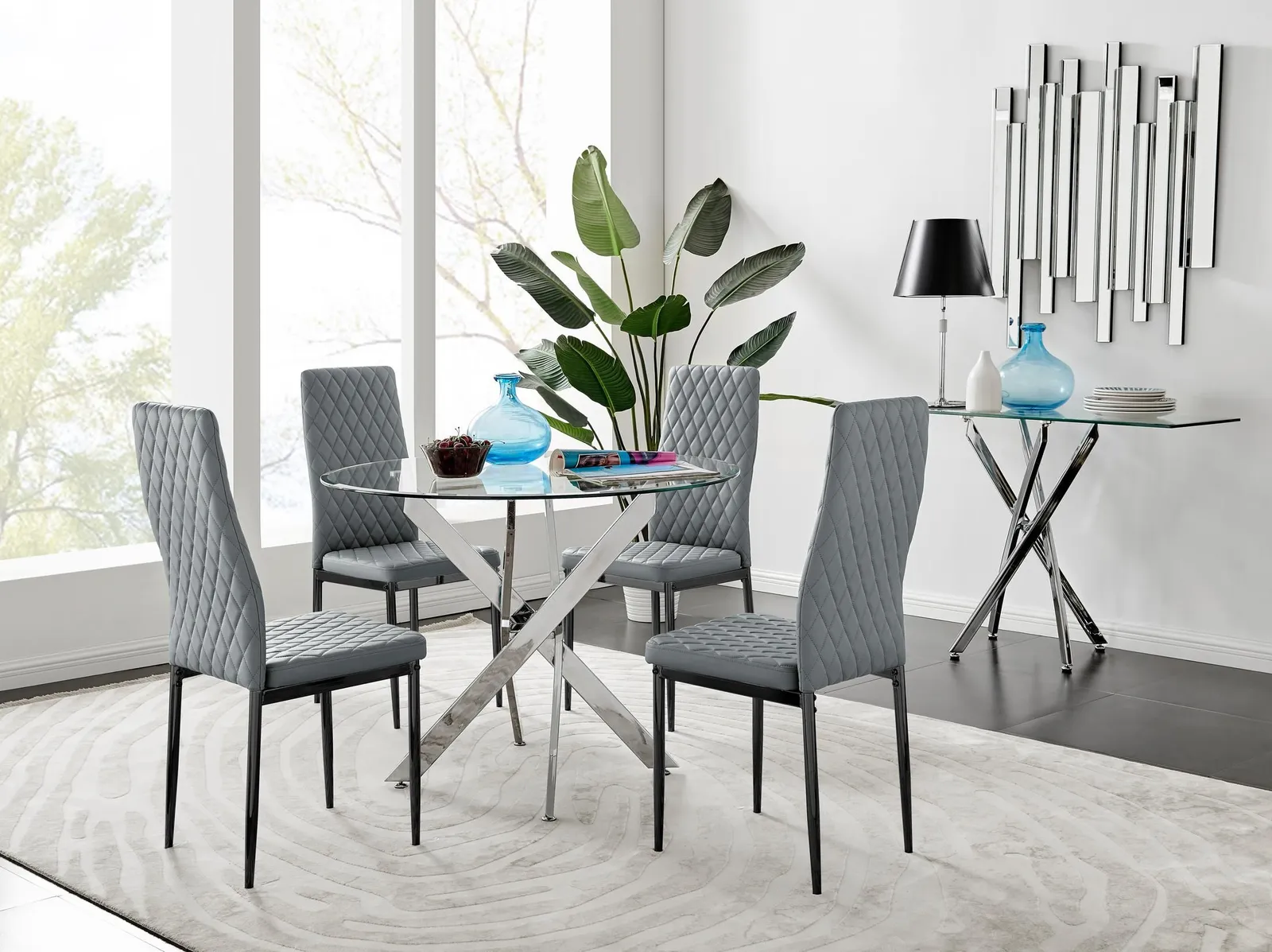 FurnitureboxUK Novara 100cm Round Dining Table & 4 Milan Black Leg Chairs in Grey