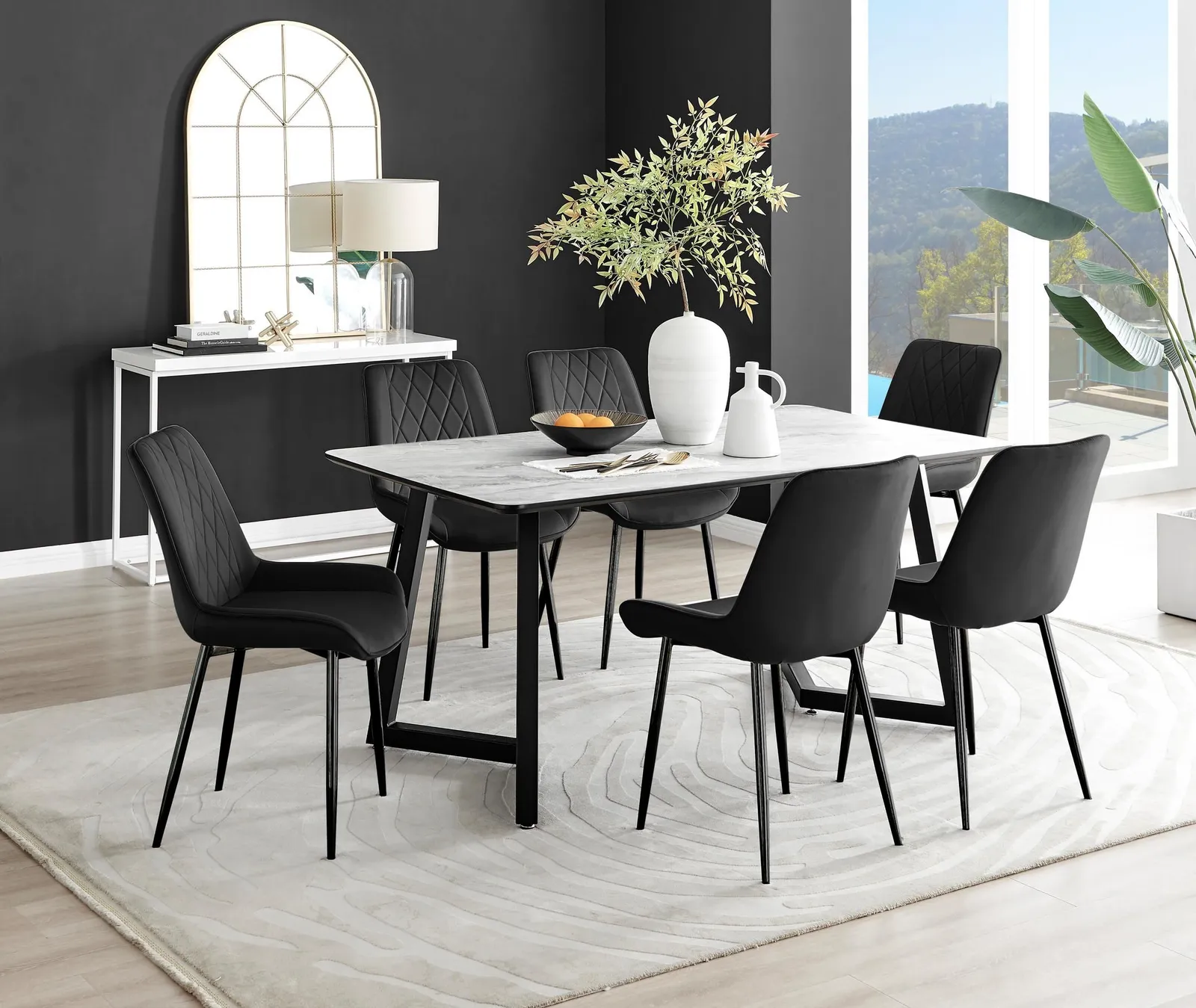 FurnitureboxUK Carson White Marble Effect Dining Table & 6 Pesaro Black Leg Chairs