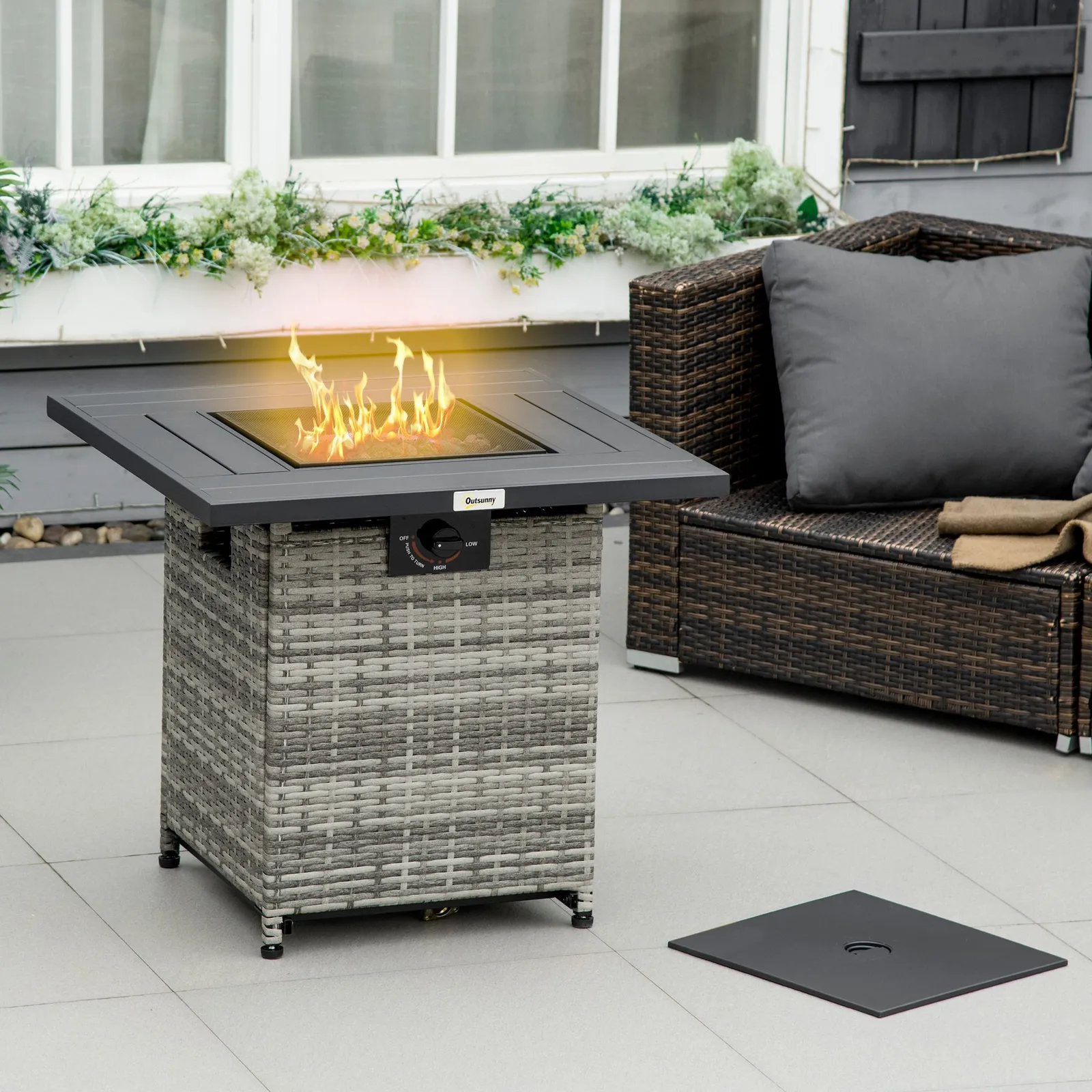 OUTSUNNY Rattan Gas Fire Pit Table with Mesh Lid & Rain Cover, Lava Stone, 40, 000 BTU in Grey