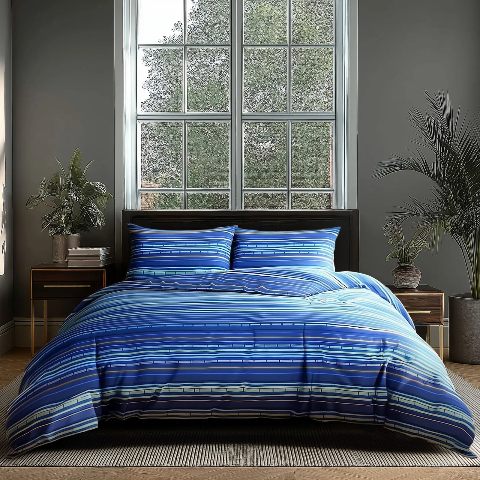 Snug City Duvet Cover & Pillowcase Set Blue Red Stripe Design Polycotton Linen
