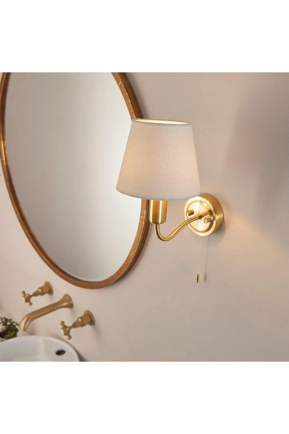 Netlighting Conway Classic Wall Lamp Satin Brass with Ivory Tapered Shade & Pull Cord Switch IP44 in Gold 3
