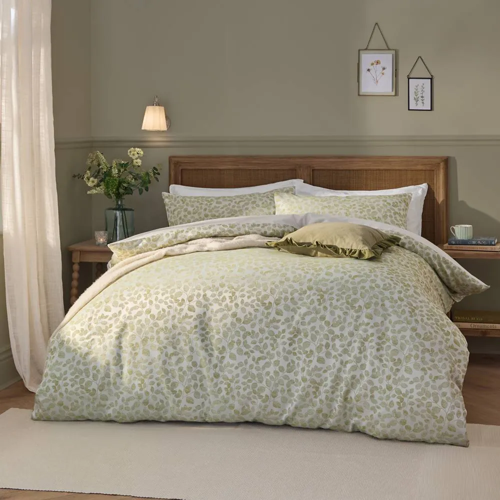 Wylder Grace Leaf Jacquard Satin Duvet Cover Set in Pale Green
