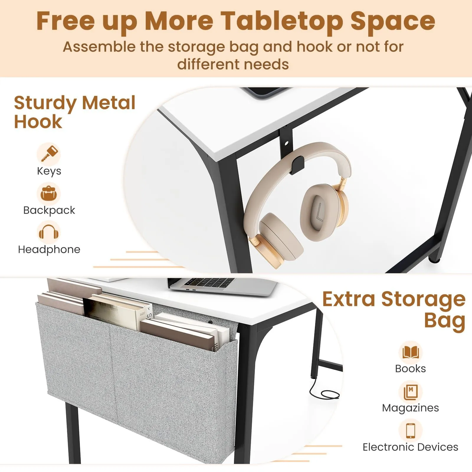 Costway Computer Desk Small Home Office Desk w/ Charging Station in White 3