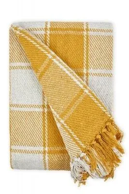 New Edge Blinds NewEdgeBlinds Comfy Check Collection Recycled Cotton Throw in Ochre (70" x 100"), Yellow