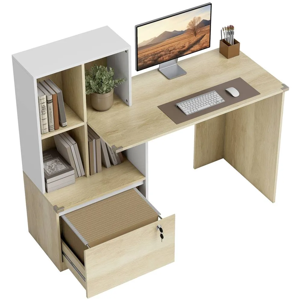 HOMCOM Computer Desk with Lockable File Drawers, Oak Wood Effect in Natural 2