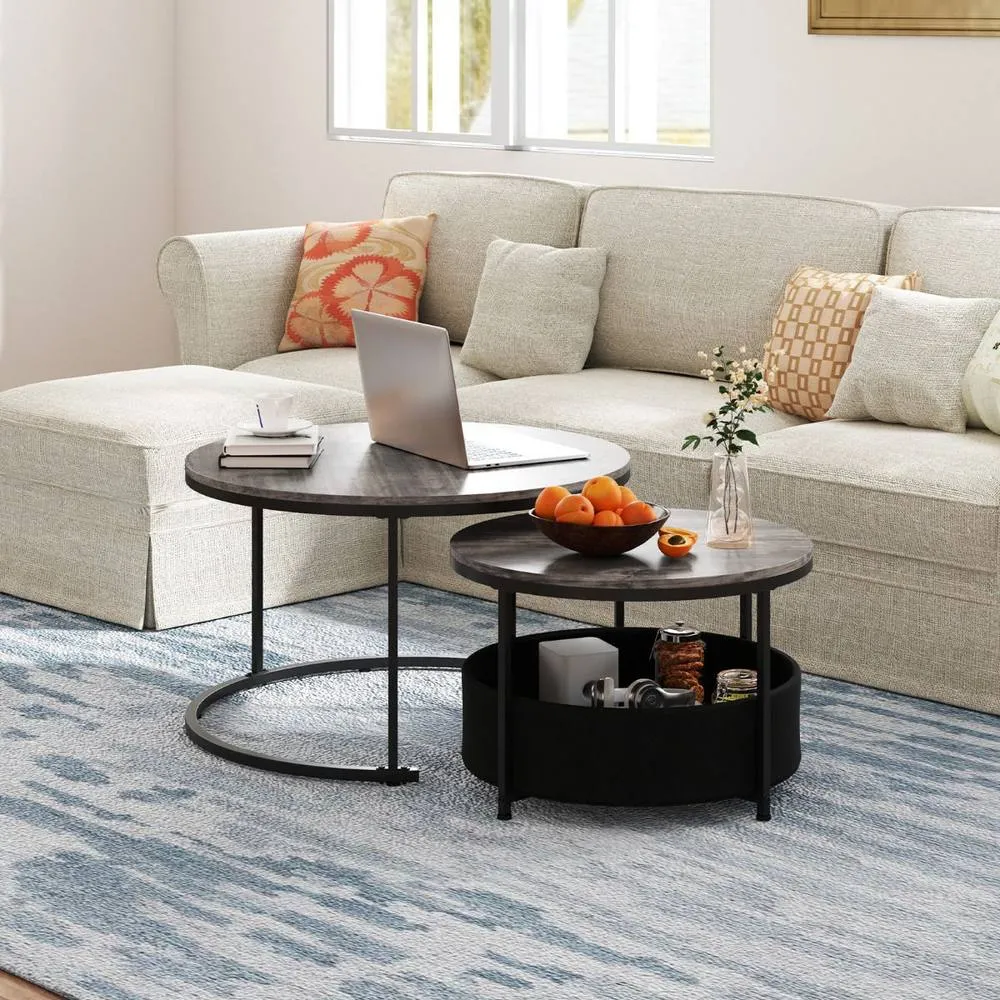 Costway 2PCS Round Coffee Tables Modern 80 & 60 CM Cocktail Tables Side Tables in Grey