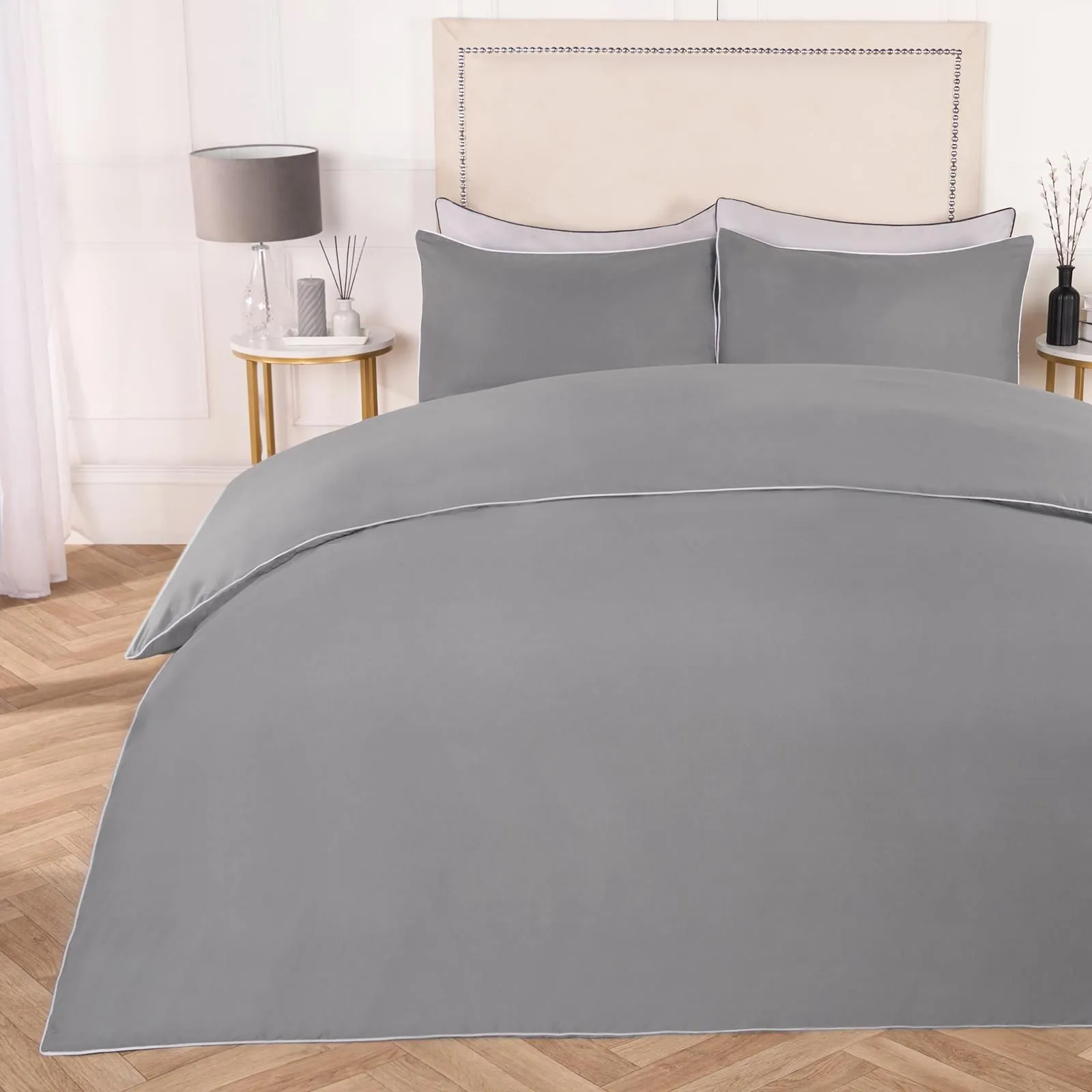 OHS Piped Edge Bedding Set Soft Duvet Cover with Pillowcase in Charcoal