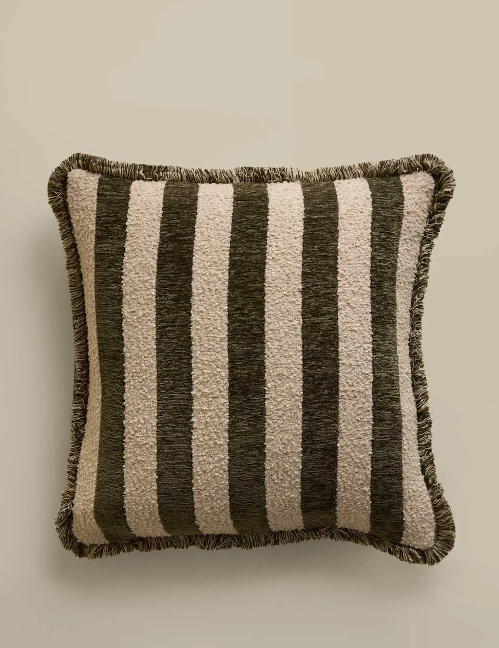 M&S Fringed Chenille Stripe Cushion Cover Green Mix