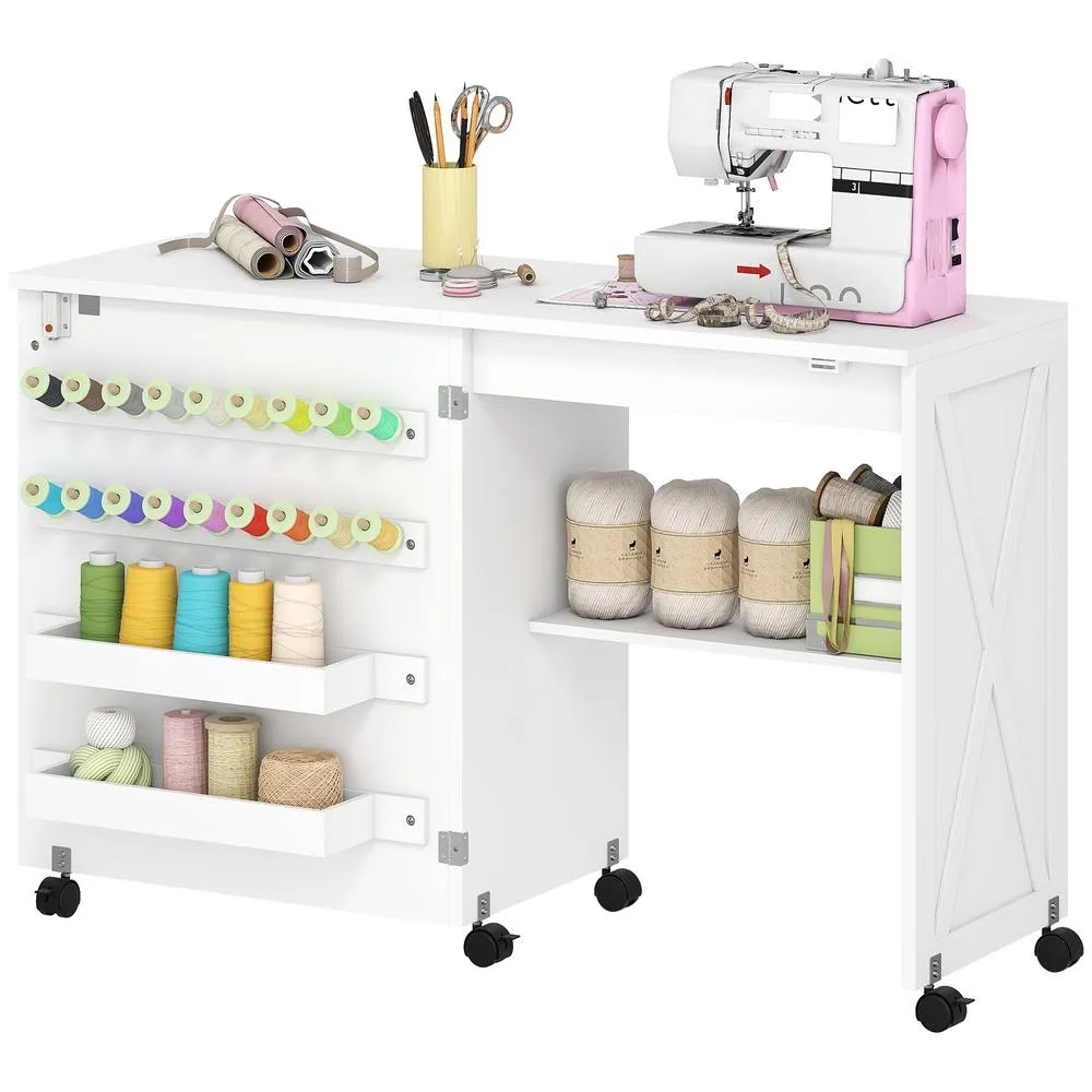 HOMCOM Folding Sewing Table, Craft Table with Storage compartments, White