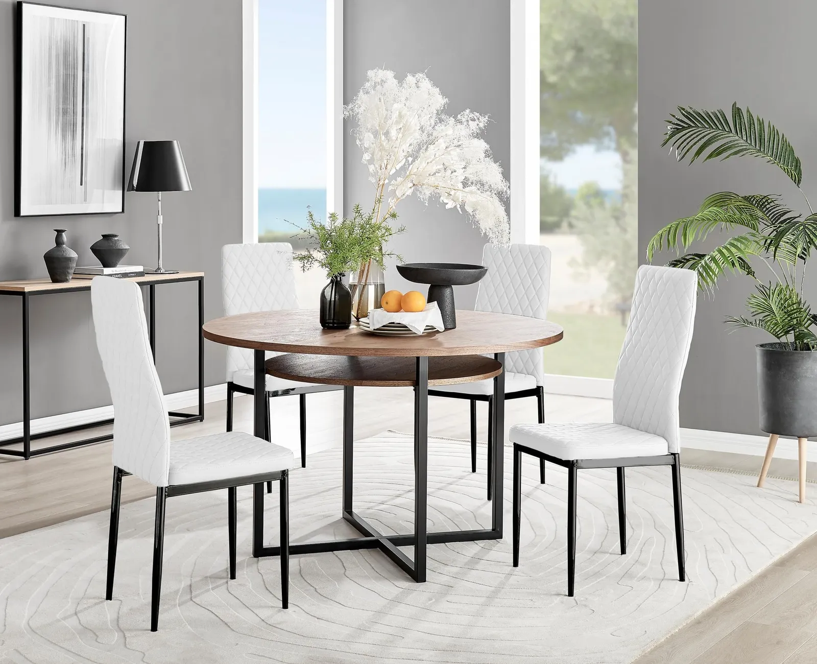 FurnitureboxUK Adley Brown Wood Storage Dining Table & 4 Milan Black Leg Chairs in Off-White