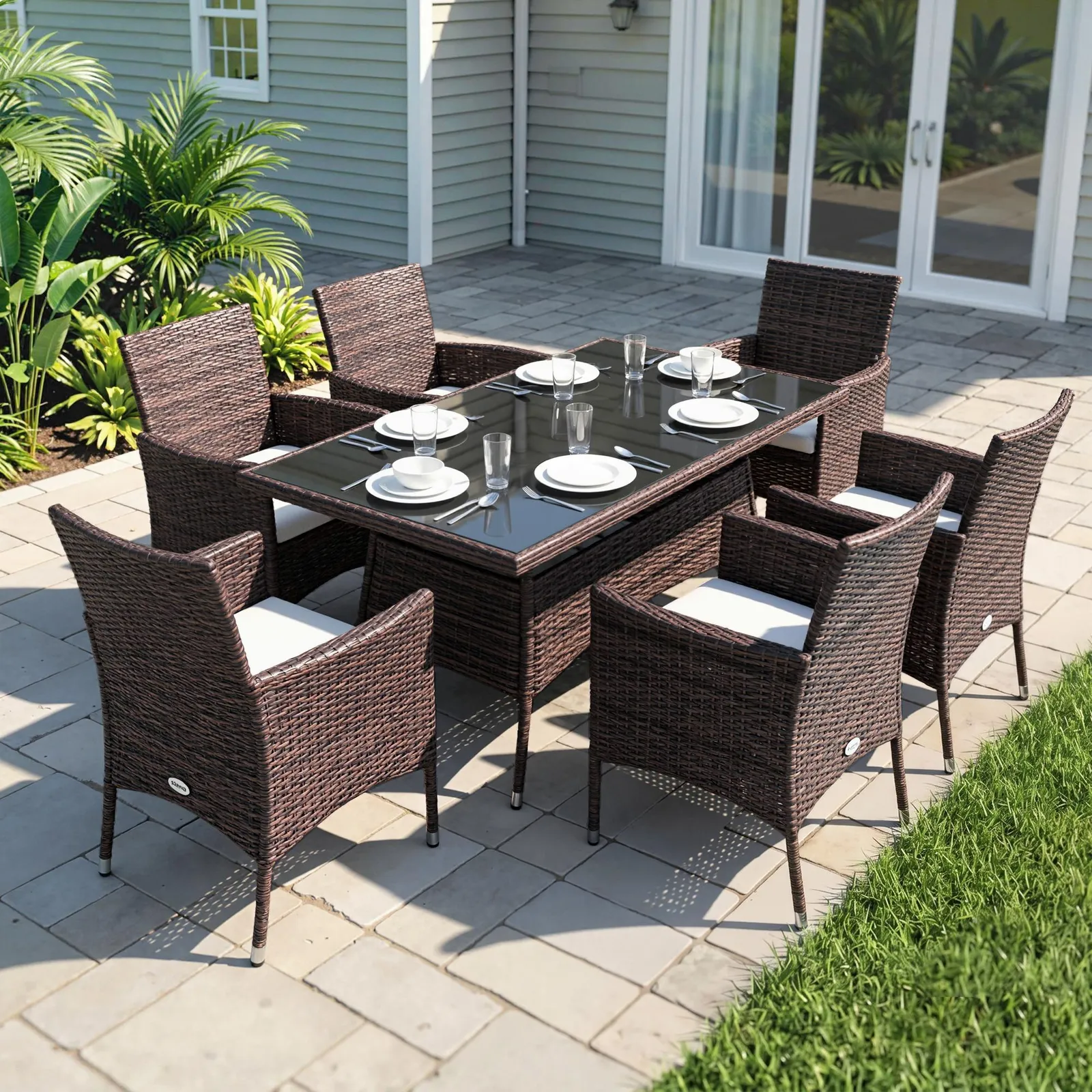 OUTSUNNY 7pc Rattan Garden Furniture Dining Set Wicker Patio Conservatory in Brown 1