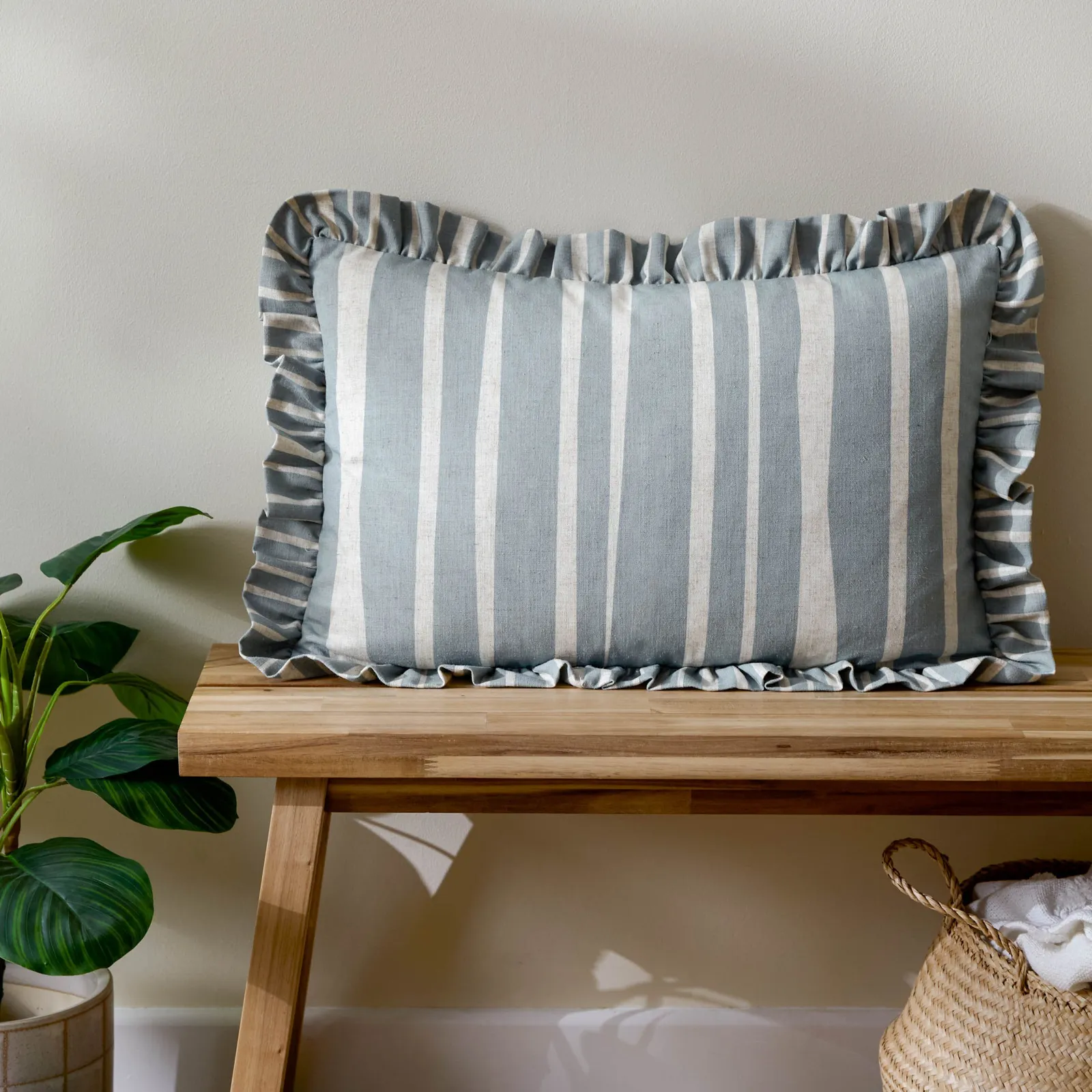 Furn Carmon Stripe Ruffle Cushion in Blue