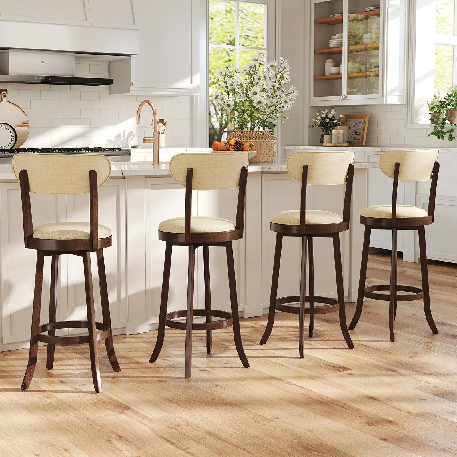 Costway 77CM Counter Height Chairs Set of 2 Swivel High Stool in Beige 5