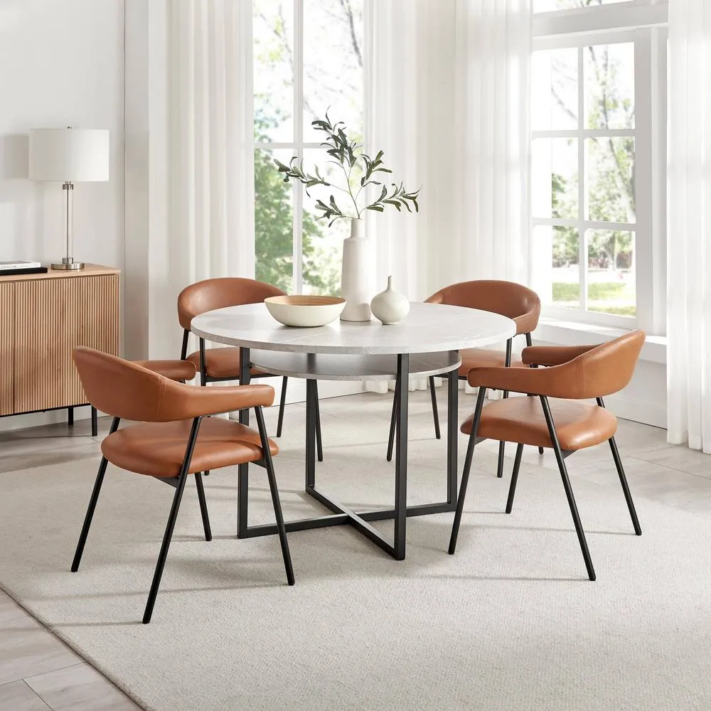 FurnitureboxUK Adley Round Concrete Effect Dining Table 4 Tan Faux Leather Chairs
