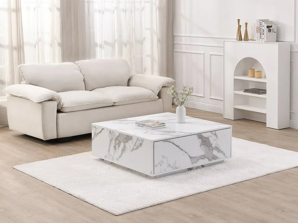 Vente-unique Coffee Table With 2 Drawers In MDF - W90 Cm - White Marble Effect 3