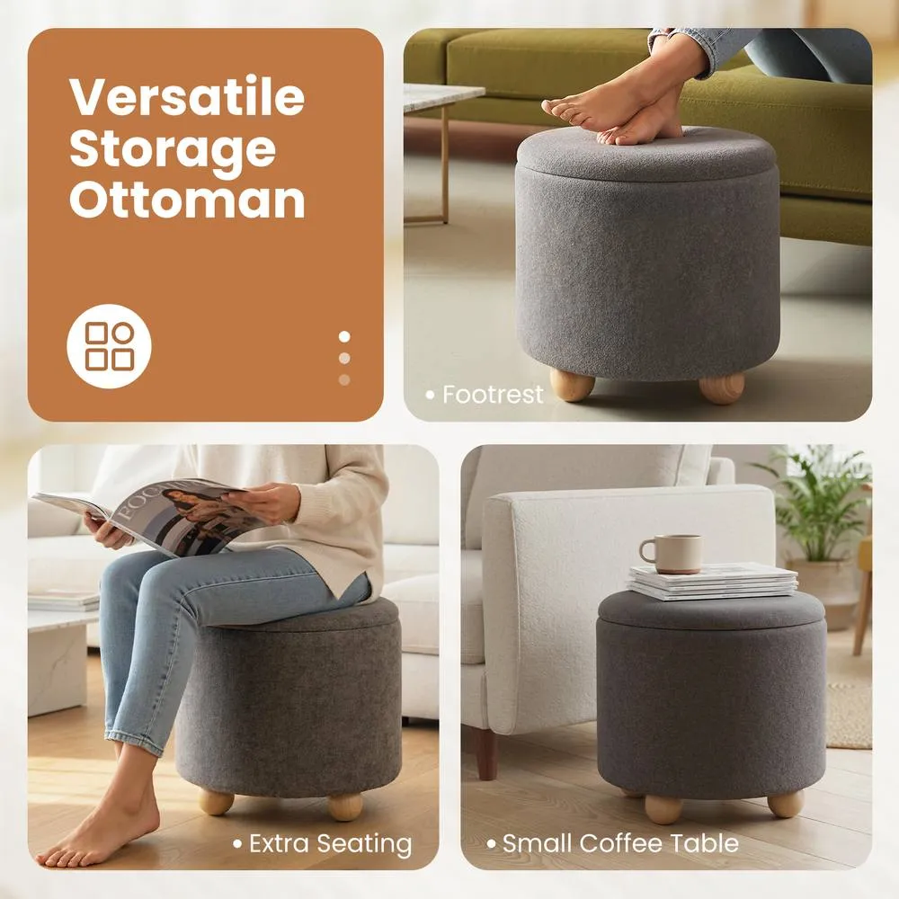 Costway Round Storage Ottoman Chenille Fabric Footrest Stool w/ Removable Lid in Grey 6