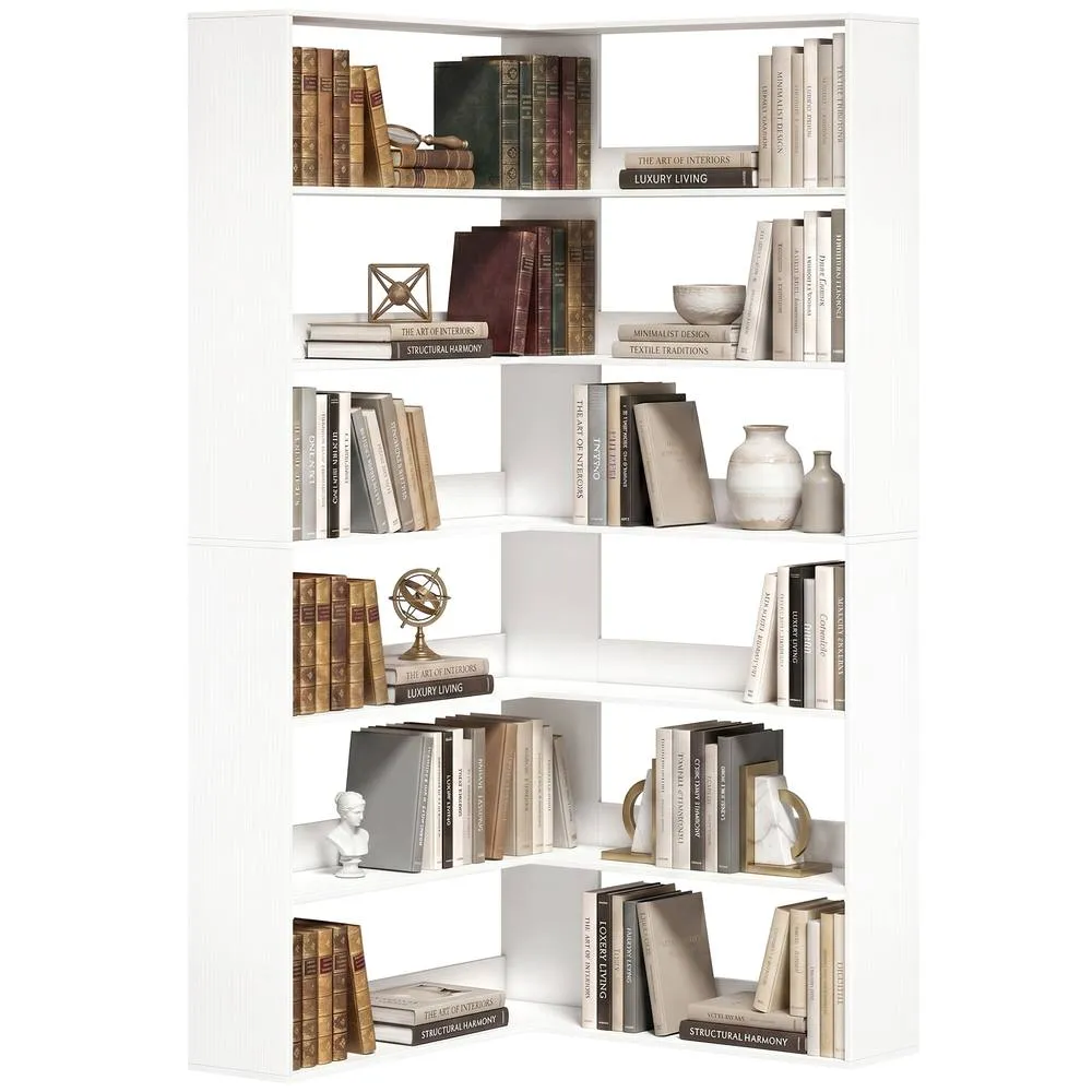 HOMCOM 7 Tiers Corner Bookshelf, L-Shaped, White Wood Effect 2