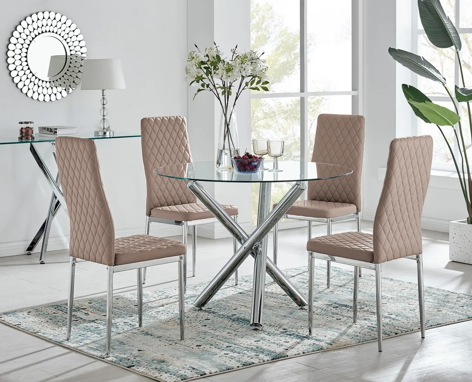 FurnitureboxUK Selina Chrome Round Glass Dining Table & 4 Milan Dining Chairs in Beige 1