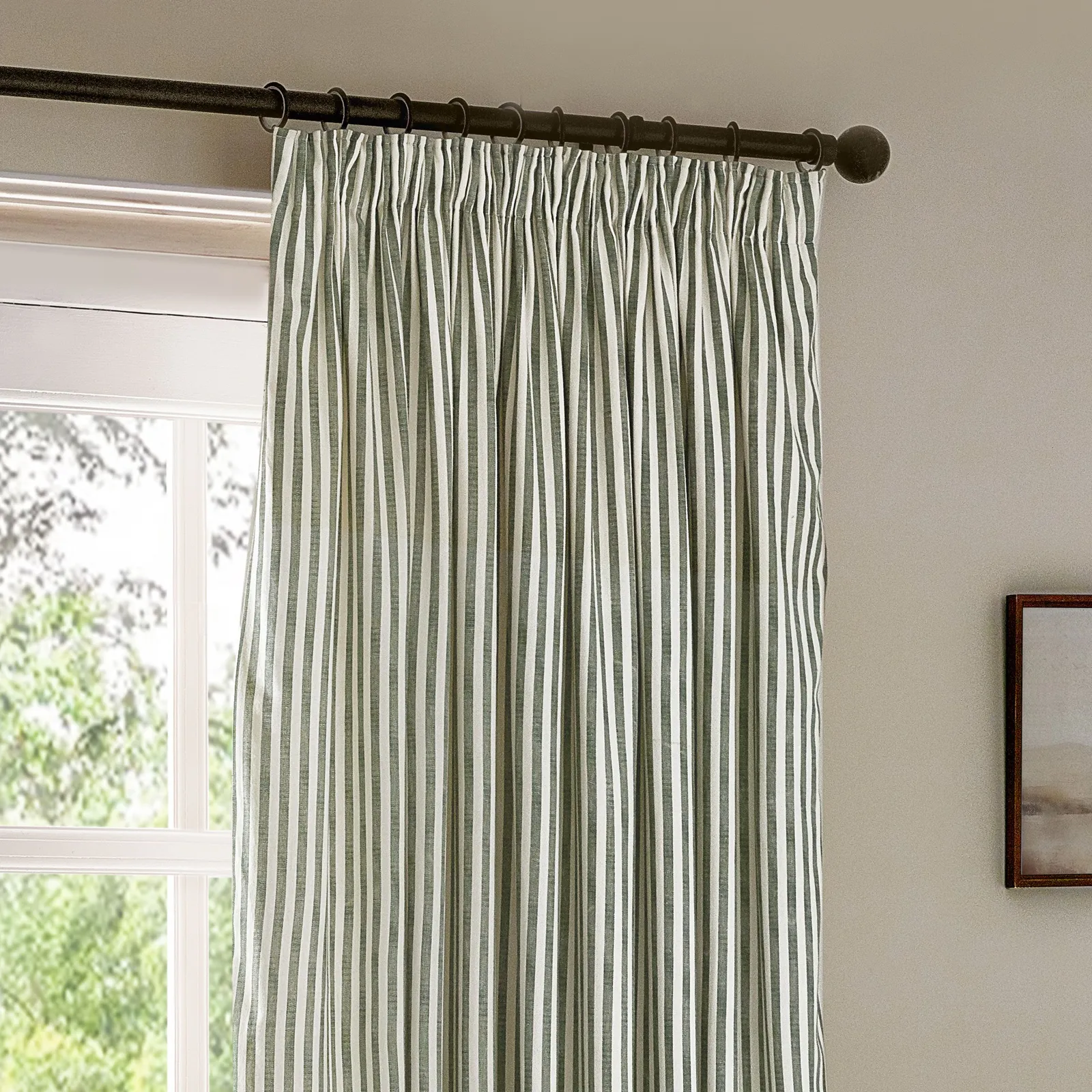 Yard Hebden Striped 100% Cotton Lined Pencil Pleat Curtain Pair in Bottle Green 4