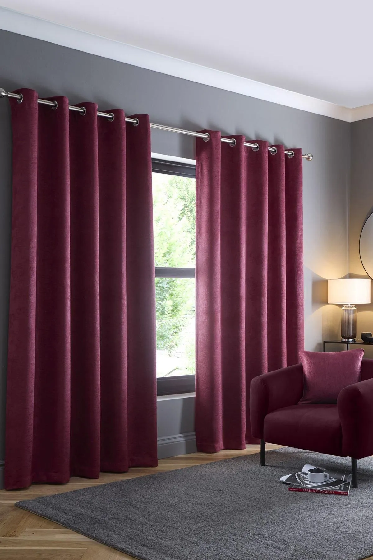 Fusion 'Strata' Triple-Woven Dimout Eyelet Curtains in Wine 1