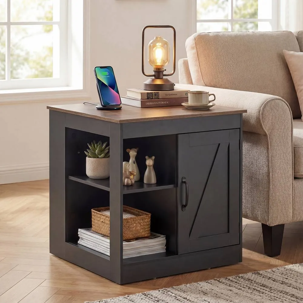 Costway Farmhouse Nightstand w/Charging Station Wooden Bedside Table End Table in Black 3