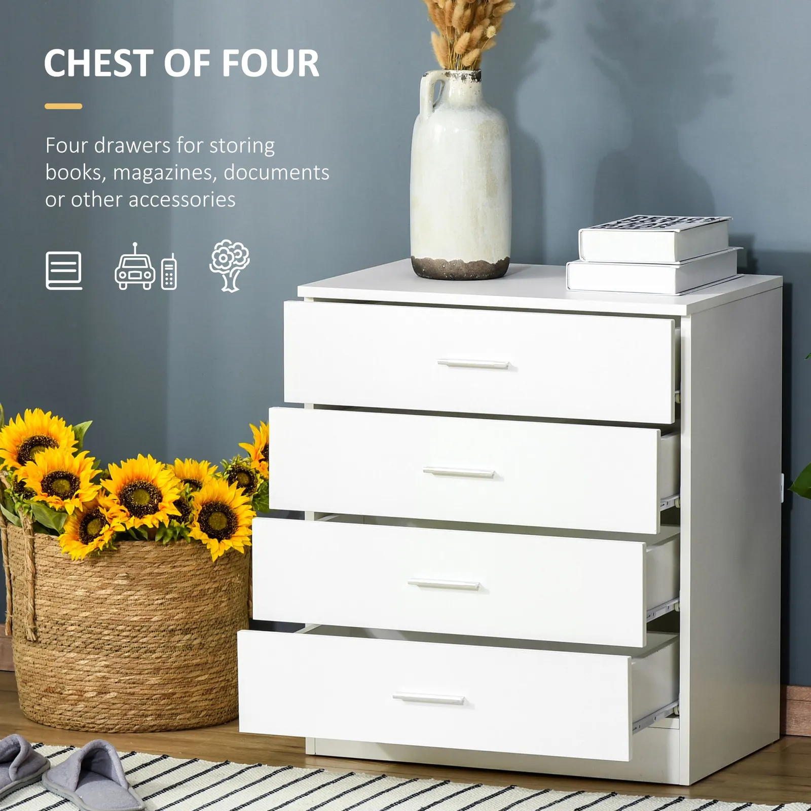 HOMCOM Storage Cabinet Vertical Drawer Chest of 4 with Metal Rails Anti Tip in White 4