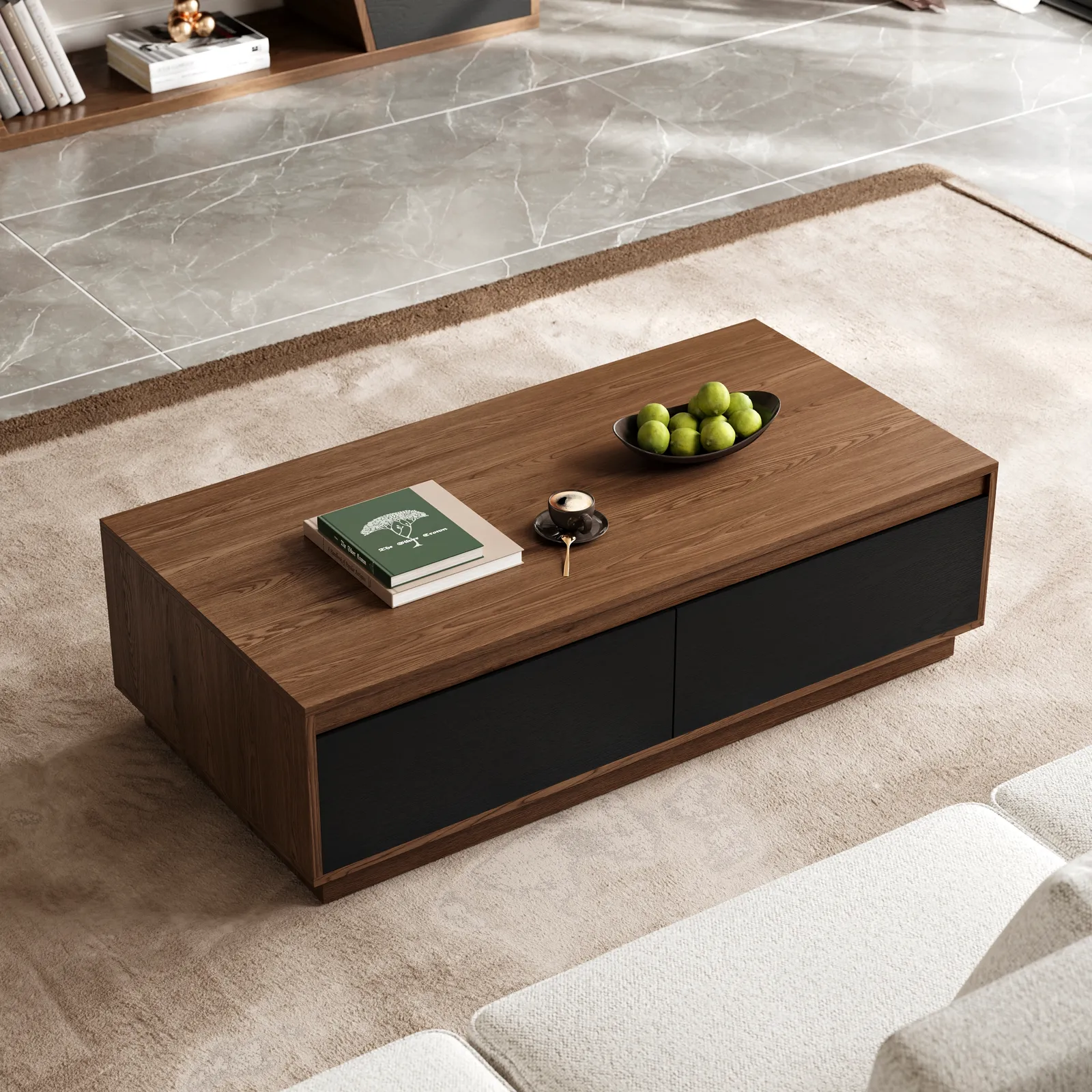 1200mm Mid Century Modern Black & Walnut Coffee Table Rectangular Block Living Room Table with Storage