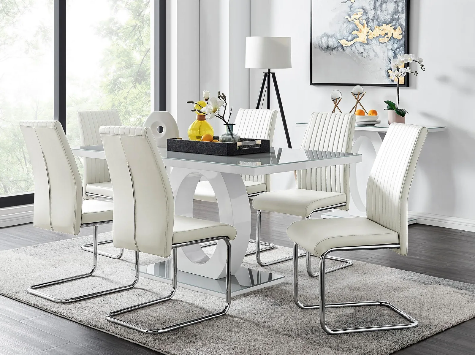 FurnitureboxUK Giovani 6-Seater Grey Glass Dining Table & 6 Lorenzo Faux Leather Dining Chairs in White 1