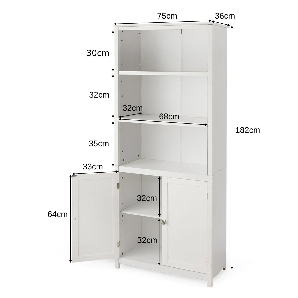 Costway Wooden Tall Bookcase 3-Tier Shelving Storage Cabinet 2 Doors Display Organizer in White 2