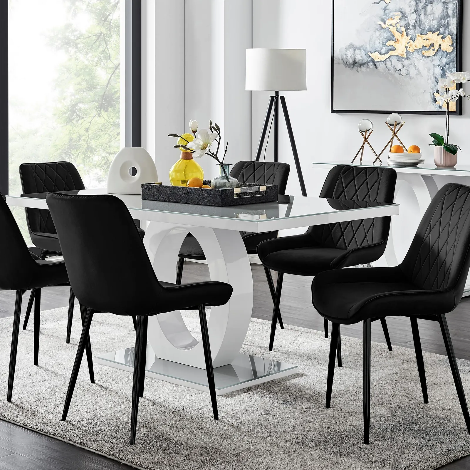 FurnitureboxUK Giovani 6-Seater Grey Glass Dining Table & 6 Pesaro Soft Velvet Dining Chairs in Black 1