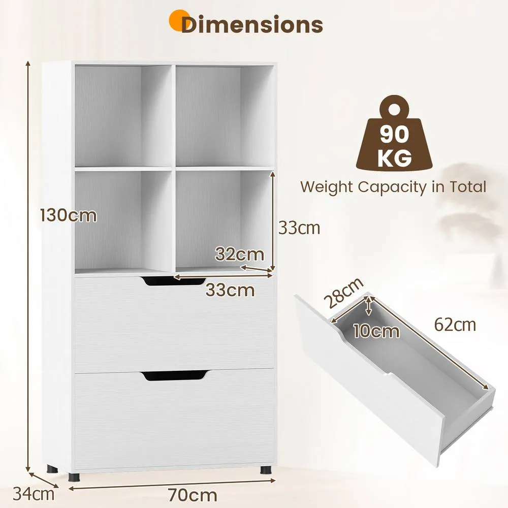 Costway Wooden Bookshelf w/2 Drawers Modern 130CM Tall Storage Organizer in White 2