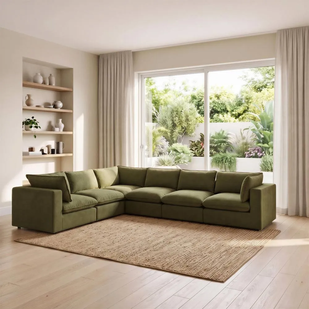 FurnitureboxUK Echo Linen-Look Fabric 5 Seater L-Shaped Modular Corner Sofa in Green 1