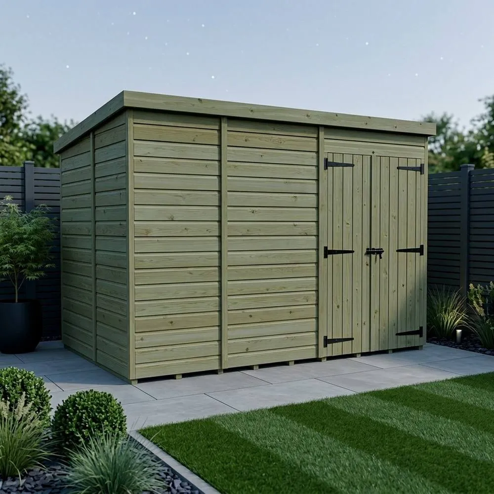 Buttercup Farm 11ft x 10ft Pent Garden Shed Double Door No Windows - Timber in Brown 3