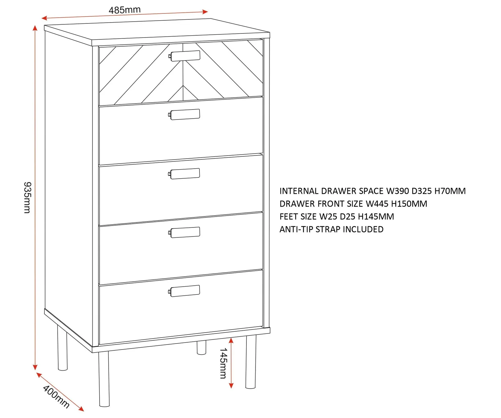 Seconique Leon 5 Drawer Narrow Chest in Natural 6