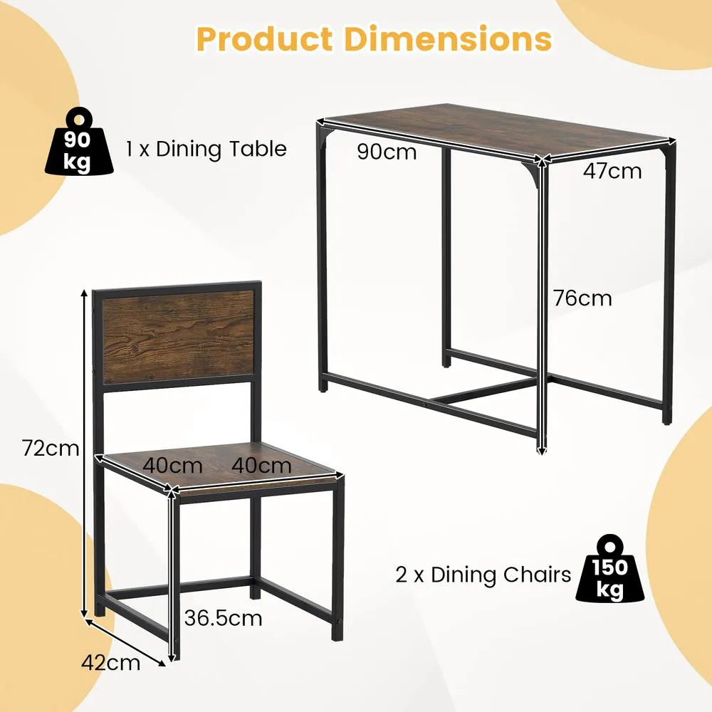 Costway 3 PCS Industrial Dining Table Set Rectangular Kitchen Table & 2 Chairs in Brown 2