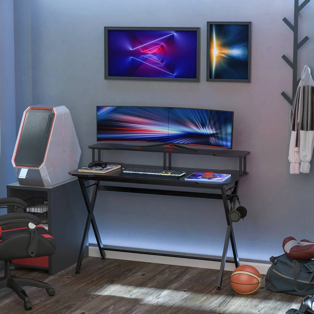 HOMCOM Gaming Computer Desk Writing Table Headset Hook Curved Front in Black 2