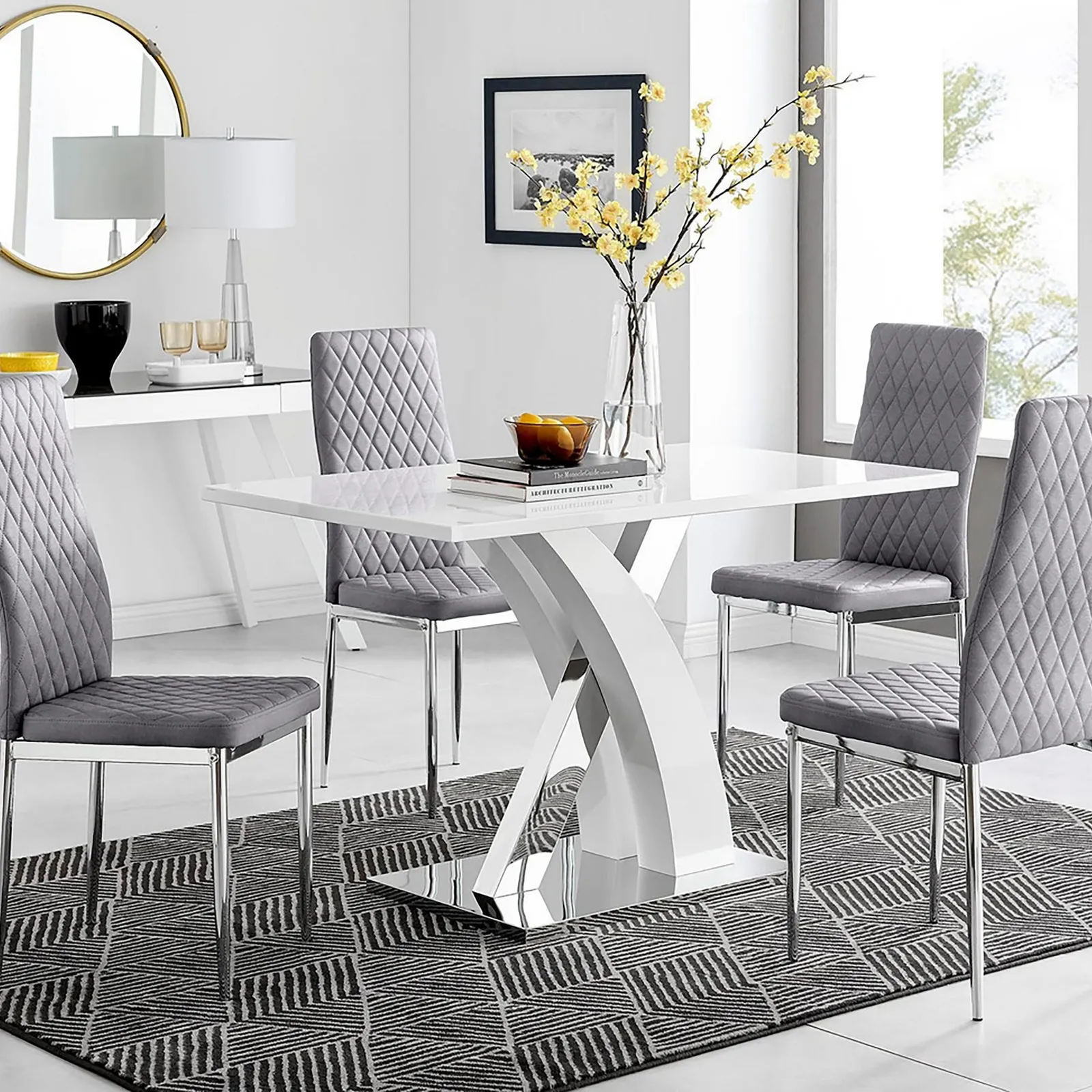 FurnitureboxUK Atlanta White High Gloss & Chrome 4 Seater Dining Table with X Shaped Legs & 4 Faux Leather Milan Chairs in Grey 1