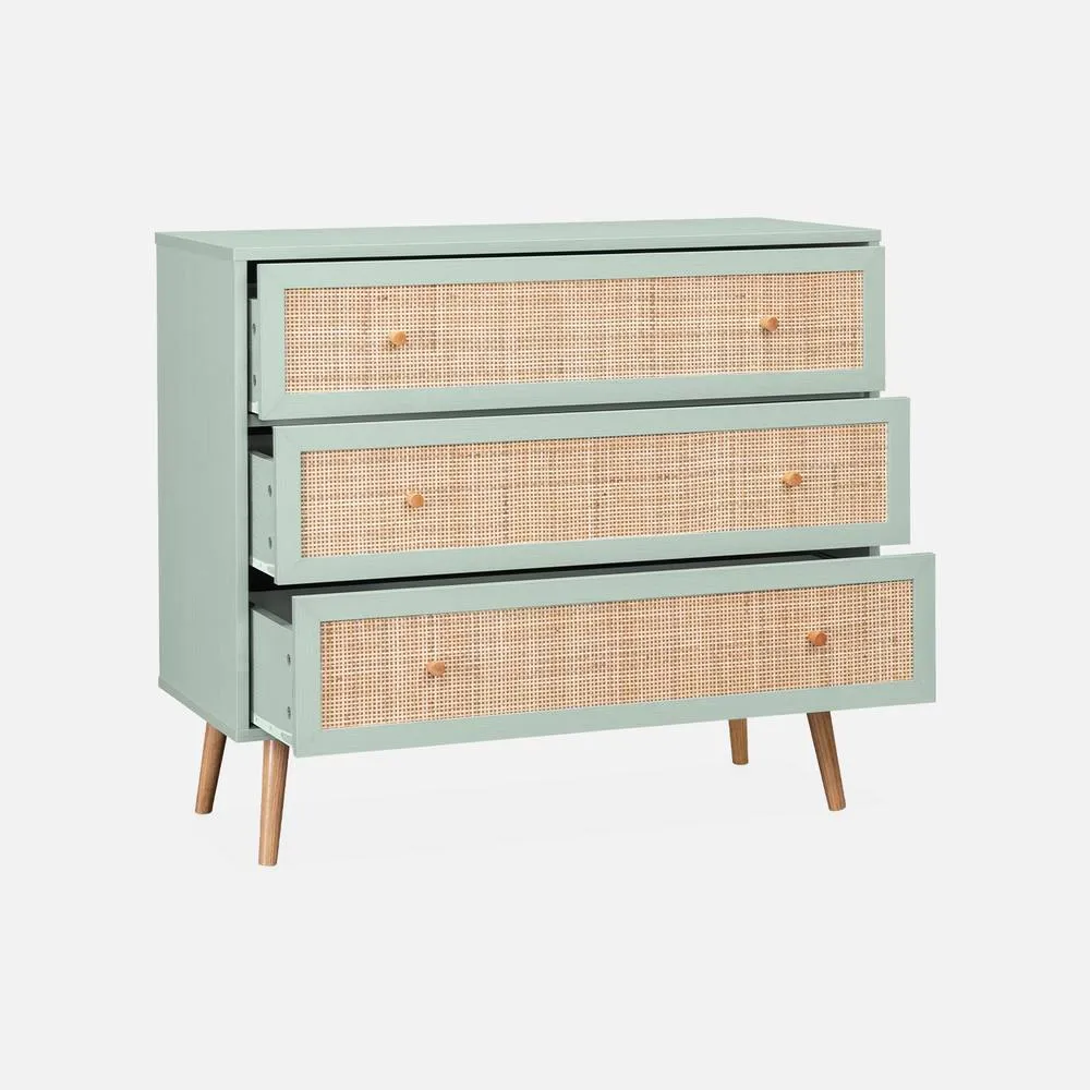 sweeek 3-drawer Chest With Wood & Cane Effect in Pale Green 4