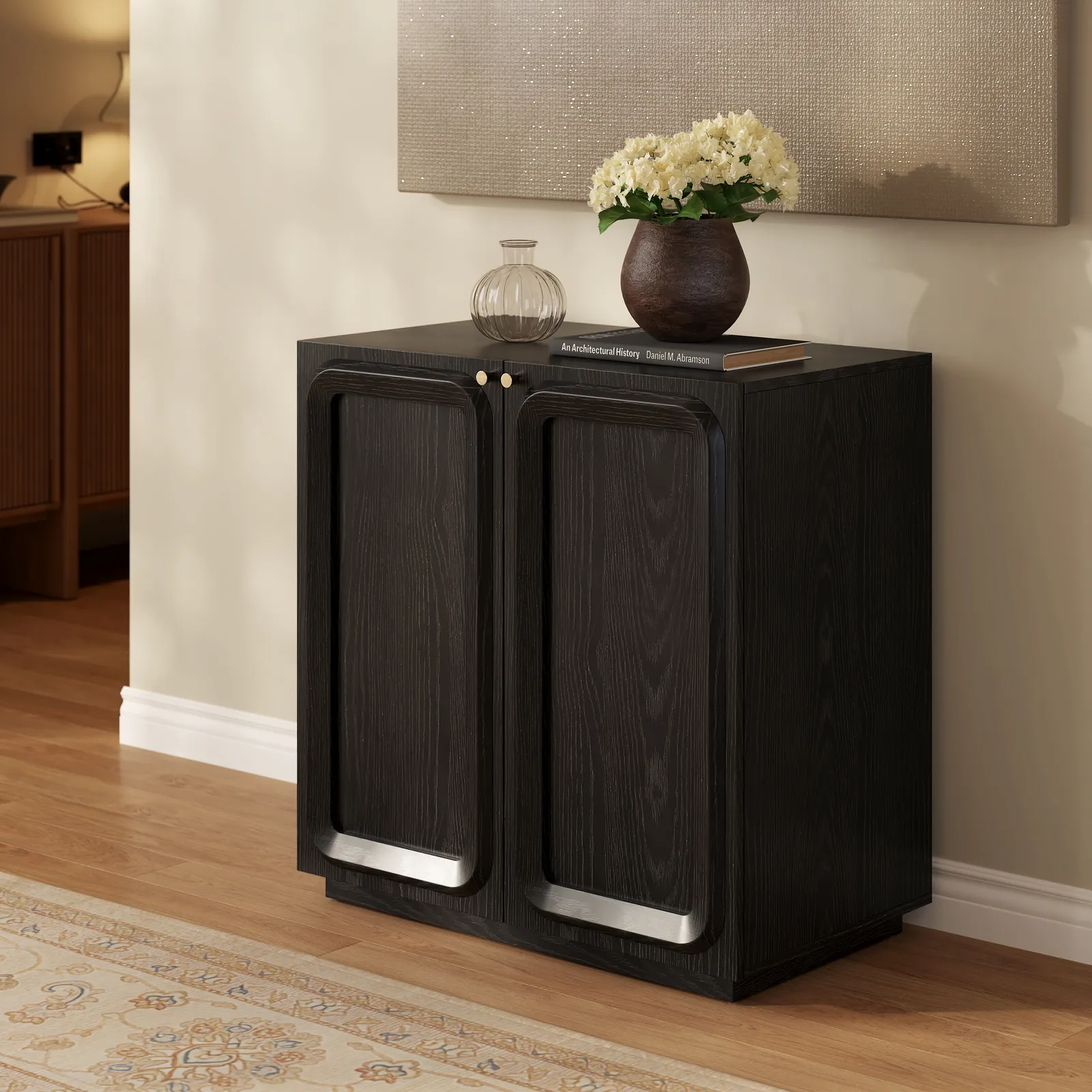 31" Ash Wood Veneer TV Stand with Wood Doors & Storage