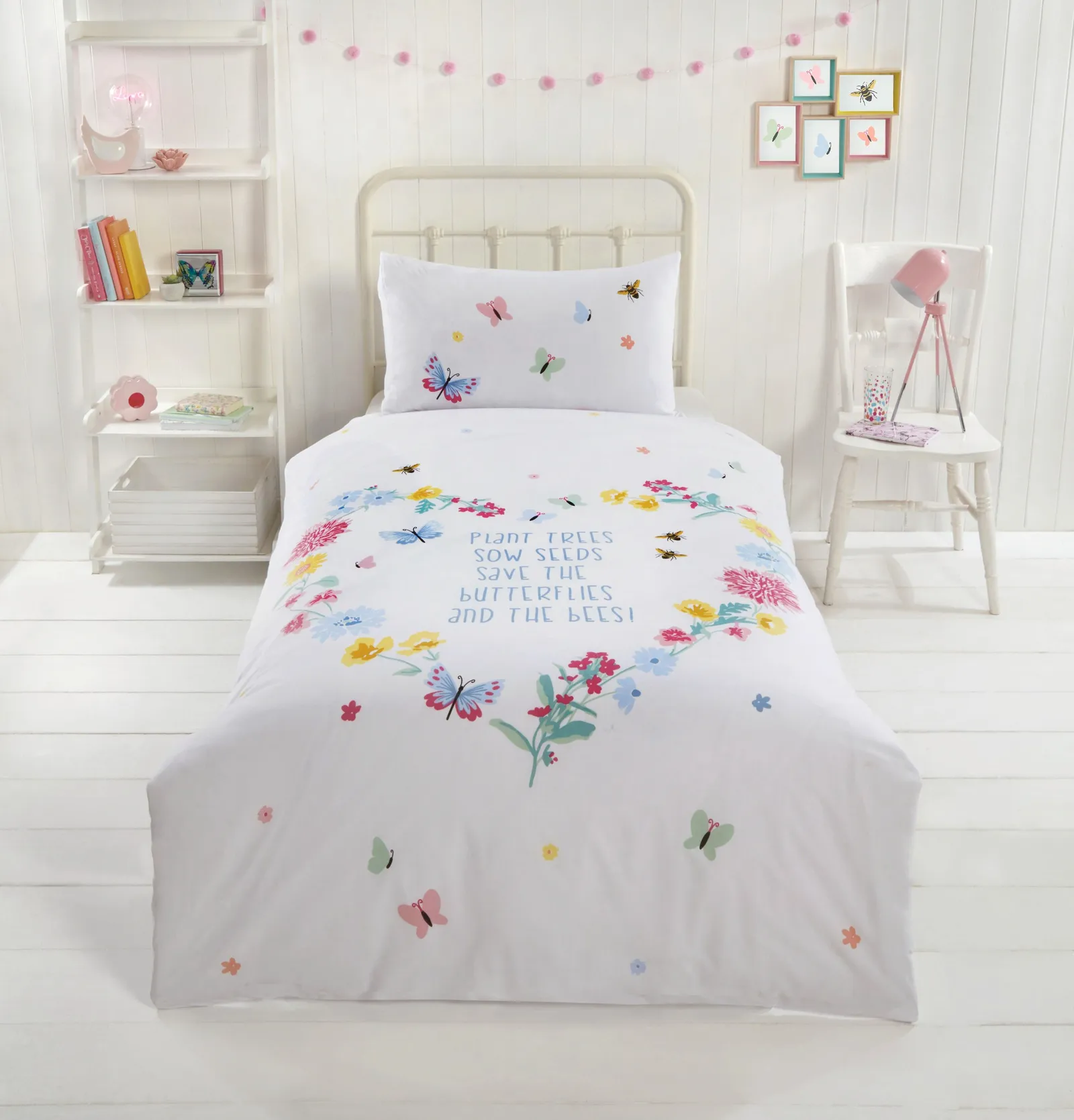 Rapport Home PH Butterflies & Bees Duvet Cover Set with Pillowcase in White