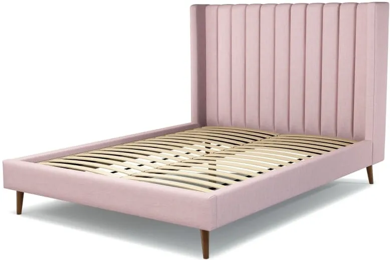 Cory King Size Bed, Tea Rose Pink Cotton with Walnut Stain Oak Legs