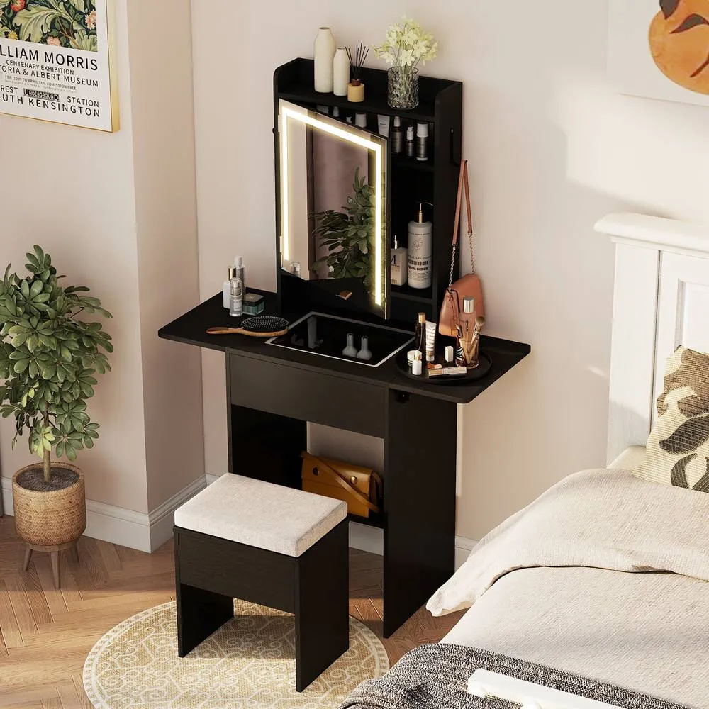 Costway Dressing Table & Stool Set Makeup Table w/LED Lights &Charging Station in Black 3