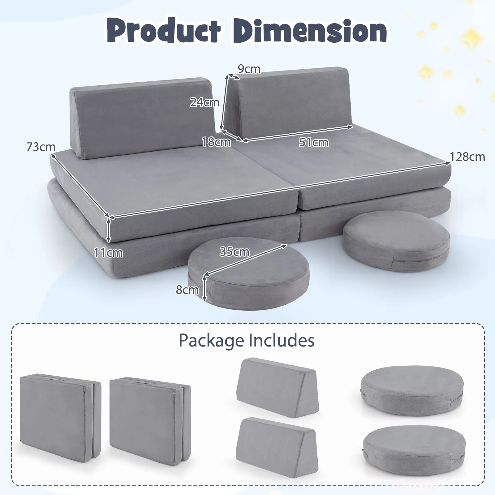 Costway 6 PCS Modular Play Couch Convertible Foam Sofa Set in Grey 4