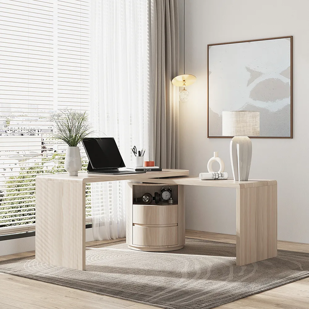 Modern L Shaped Rotatable Wash White Executive Office Desk with Drawers White Office Furniture (150 cm)